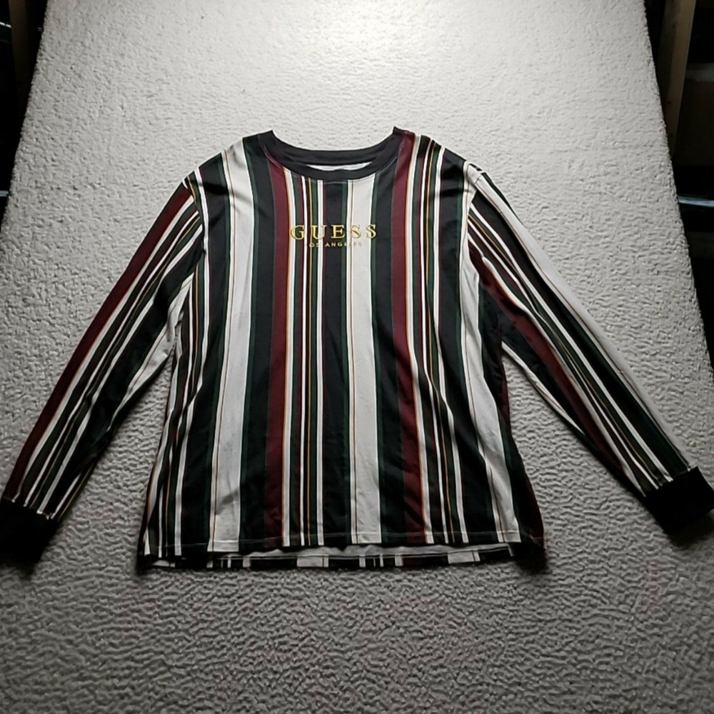Guess Shirt Mens XL Multicolor Striped Long Sleeve Logo Graphic Cotton Tee